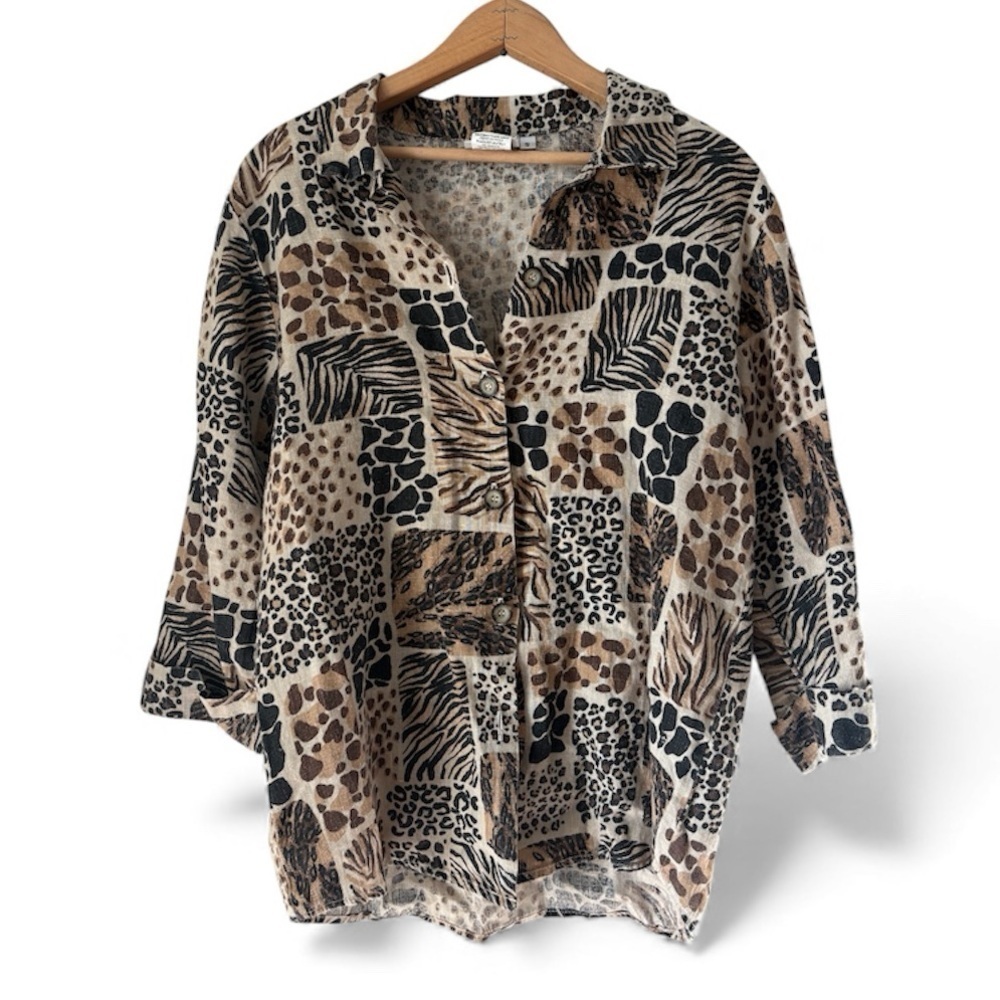Hot Cotton by Marc Ware 100% Linen Animal Print Patchwork Blouse Made in USA S